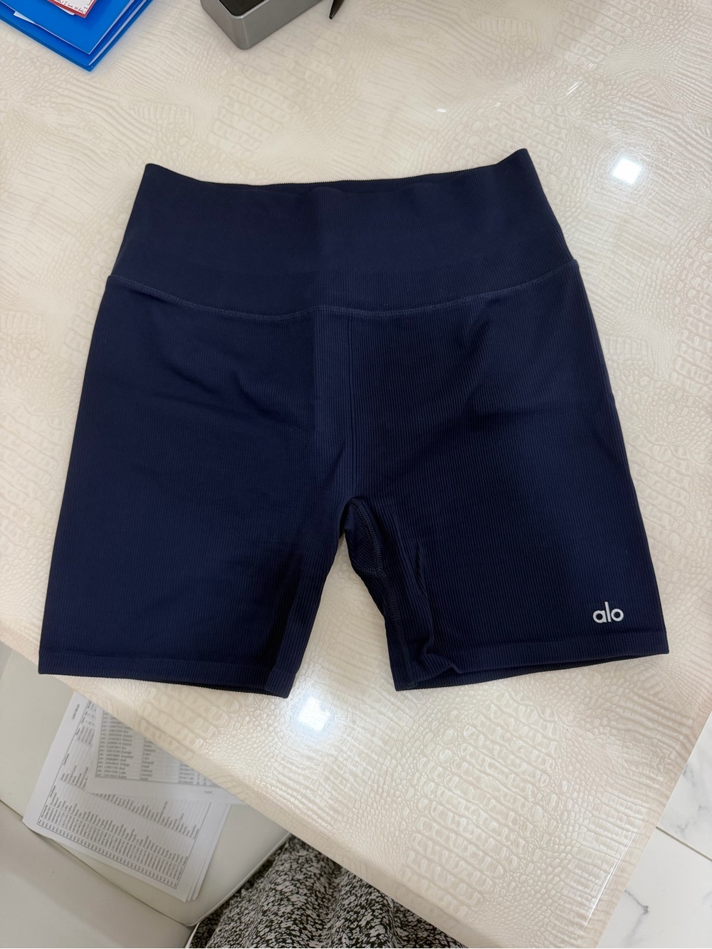 ALO Yoga Ribbed High-Waist Bike Shorts — Navy Blue